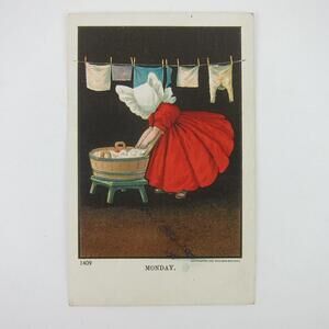 Postcard Sunbonnet Girls Red Dress Hang Laundry Days of Week Monday Antique 1905